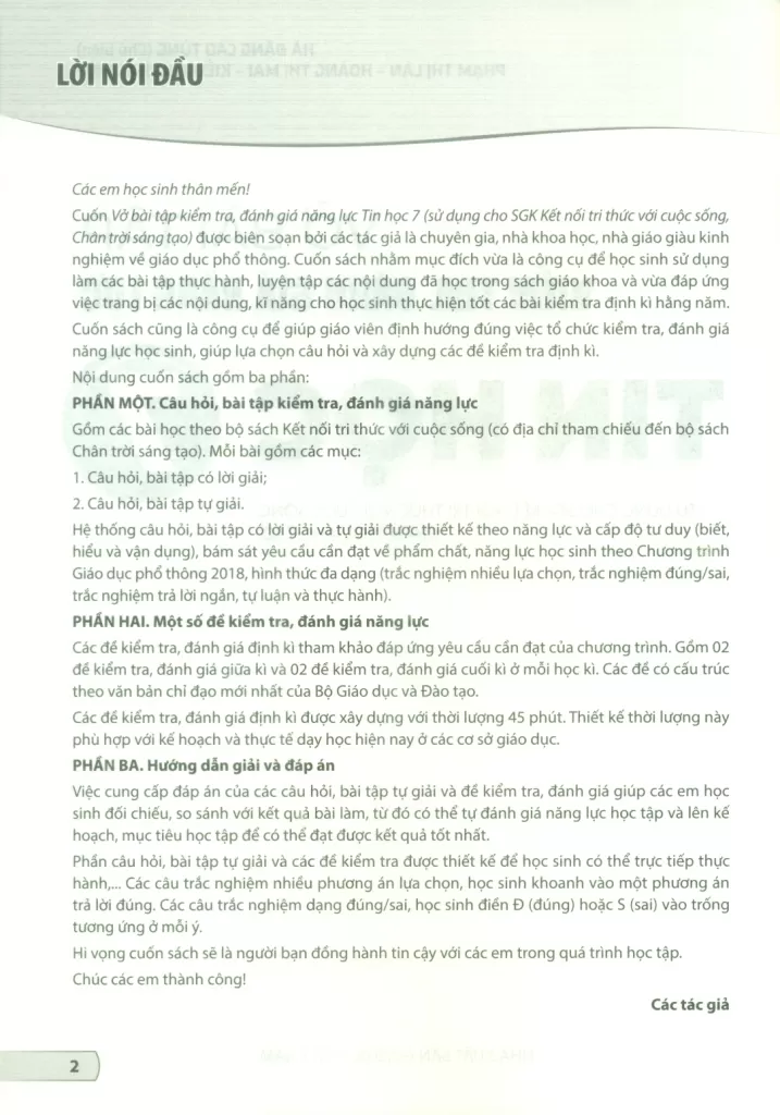 VỞ BÀI TẬP KIỂM TRA, ĐÁNH GIÁ NĂNG LỰC TIN HỌC LỚP 7 (Sử dụng cho SGK Kết nối tri thức, Chân trời sáng tạo)